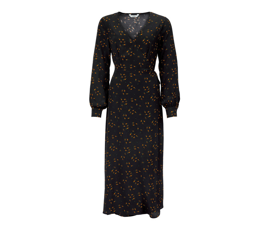 Schwarzes Wickelkleid mit orangen Blumen.