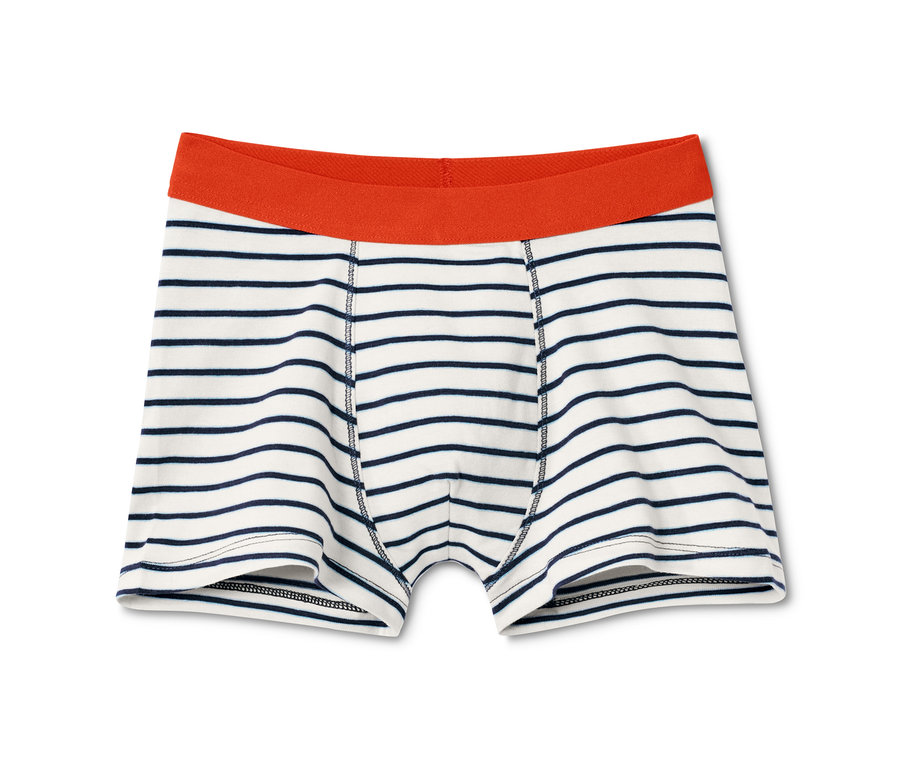 Blaue Jungen-Slipboxer im 7er-Pack mit blauen Streifen und orangefarbenem Bund.