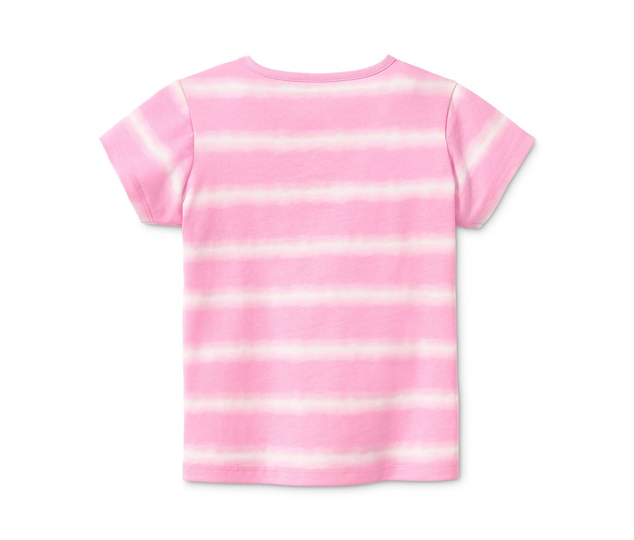Rückansicht eines T-Shirts aus Bio-Baumwolle mit rosa-weißen Streifen.