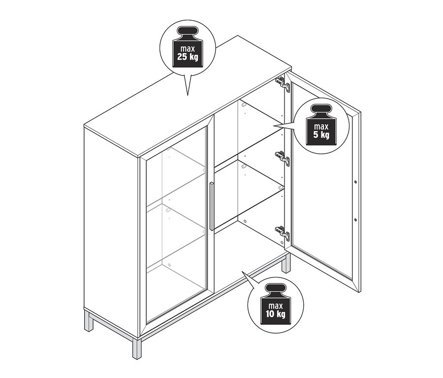 Skizze einer Vitrine »Eklund« mit 2 Türen, von denen eine geöffnet ist.