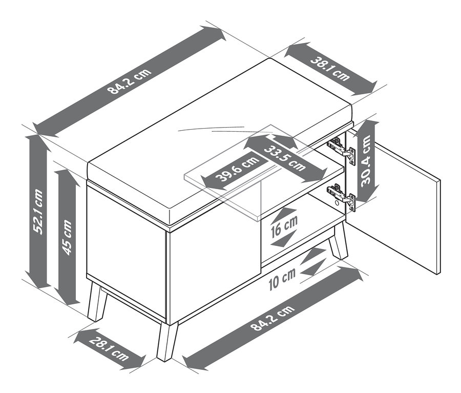 Abmessungen der Sitzbank mit Stauraumfächern.