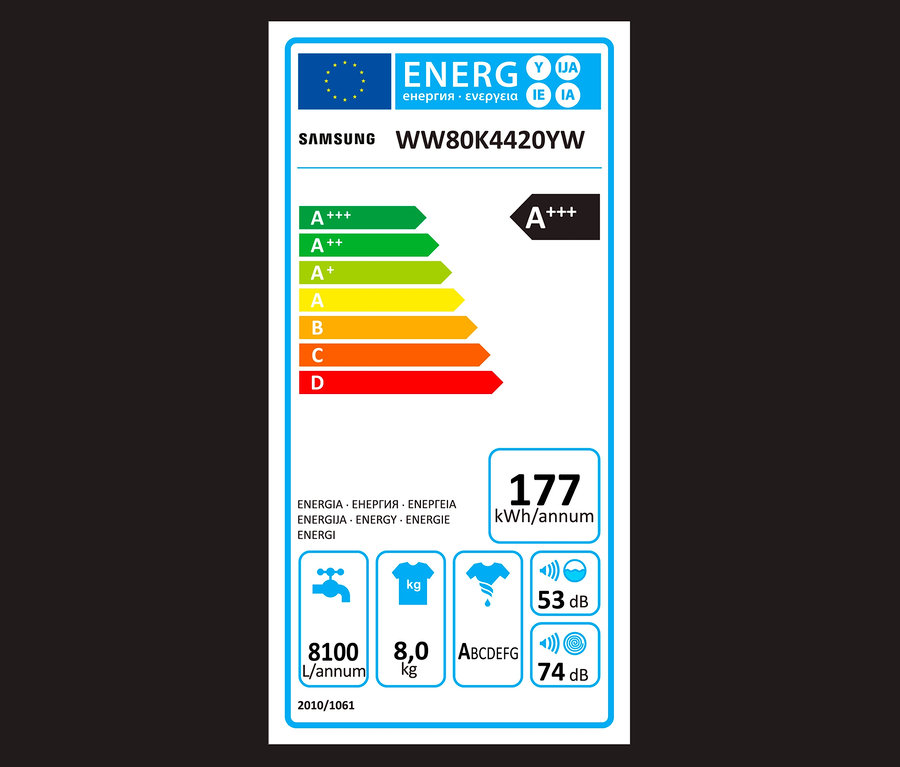 Energielabel der Samsung Waschmaschine WW80K4420YW, A+++, 8 kg, 1.400 U/Min.
