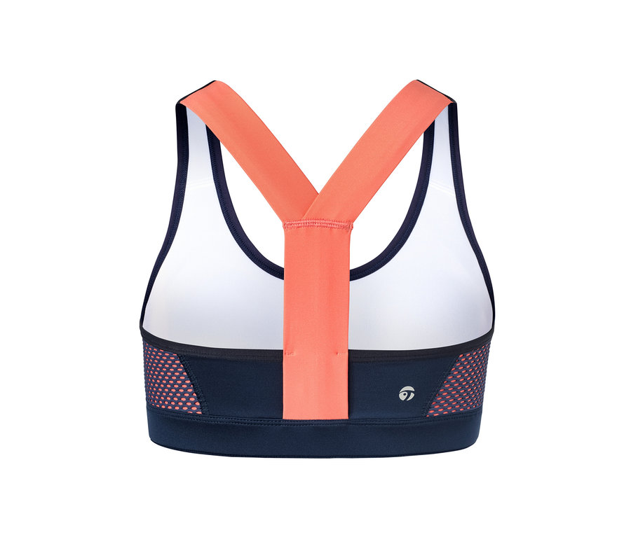 Detailaufnahme der Rückseite eines Sport-BHs mit Frontreißverschluss und orangefarbenen Trägern.