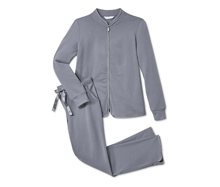 Grauer Loungewear-Anzug mit Reißverschluss und Kordelzug.