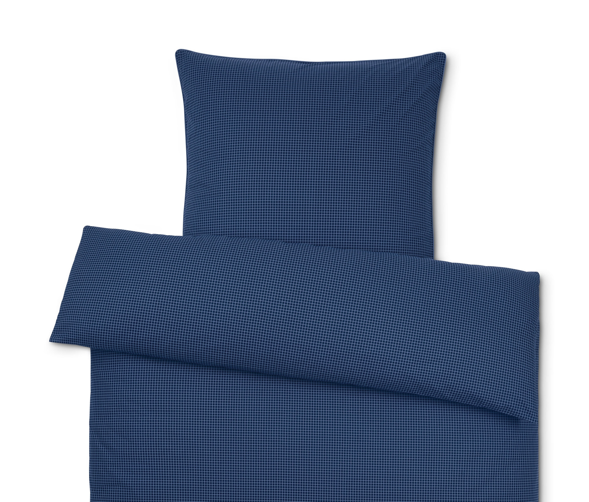 Blau karierte Renforcé-Bettwäsche in Normalgröße, Doppelgröße und Übergröße.