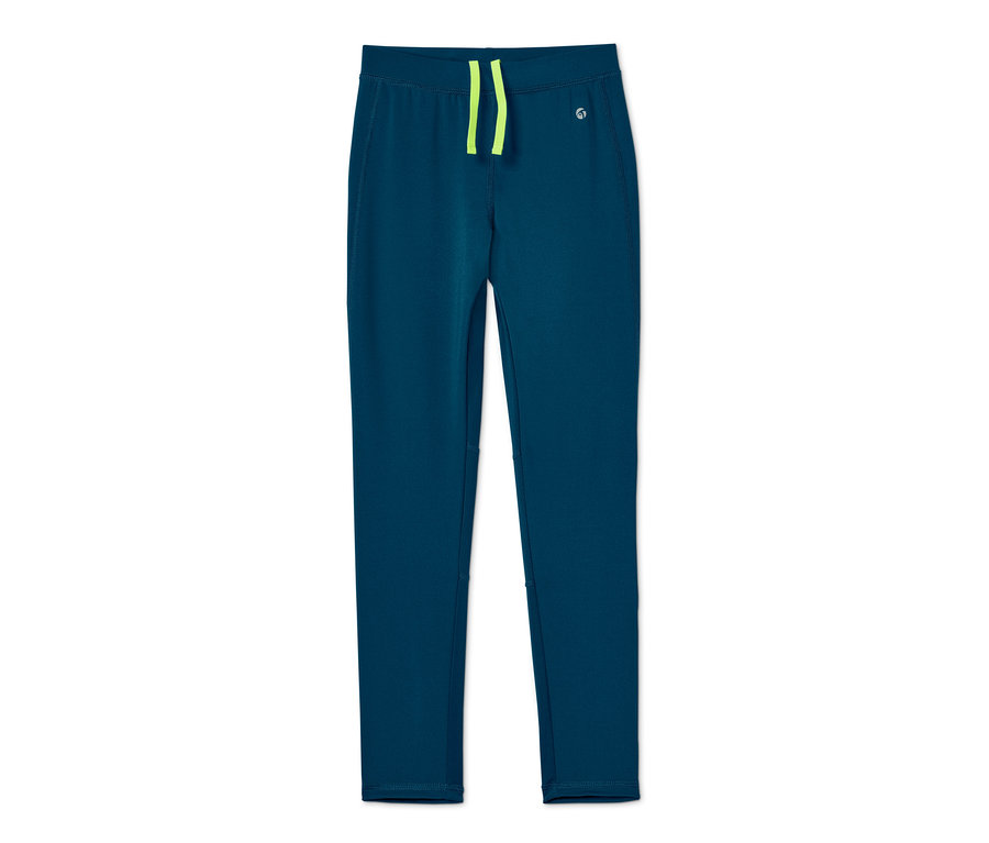 Blaue Kinder-Sporttight mit recyceltem Material und neon-gelbem Kordelzug.