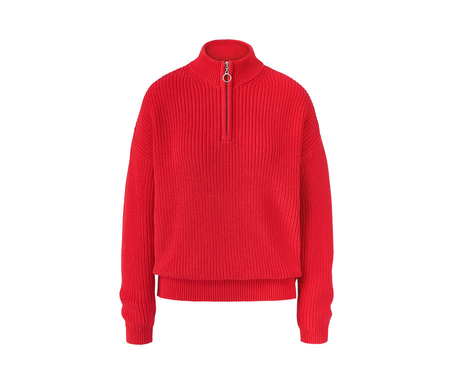 Ein roter Strickpullover mit Kragen.