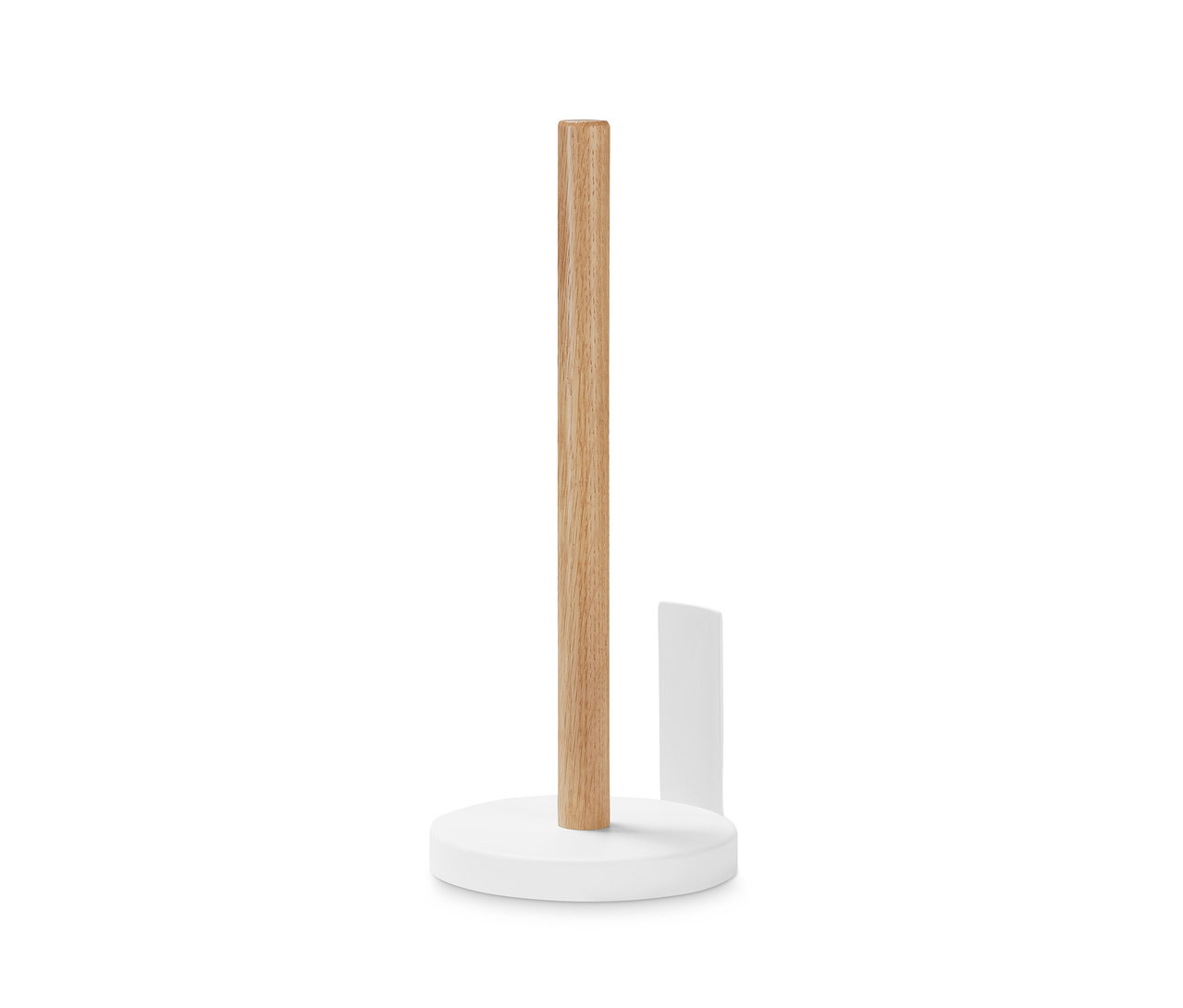 Küchenrollenhalter mit Holzstange und weissem Sockel.
