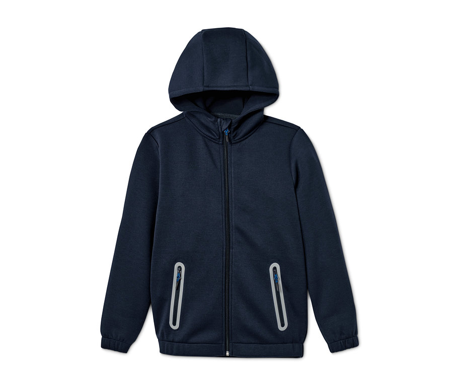 Marineblaue Sportjacke mit Kapuze und Reißverschluss aus recyceltem Material.