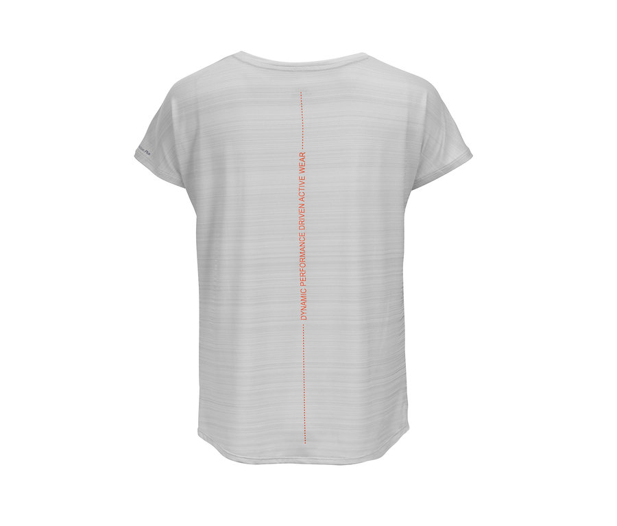 Detailansicht eines hellgrau melierten Sportshirts.
