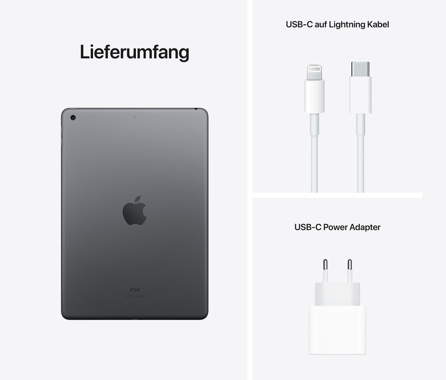 Graues Apple iPad 9. Generation, 64 GB, Wi-Fi, USB-C auf Lightning Kabel und USB-C Power Adapter.
