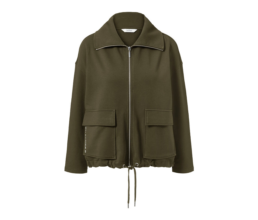 Khakifarbene Sweatjacke mit Reißverschluss und Taschen.