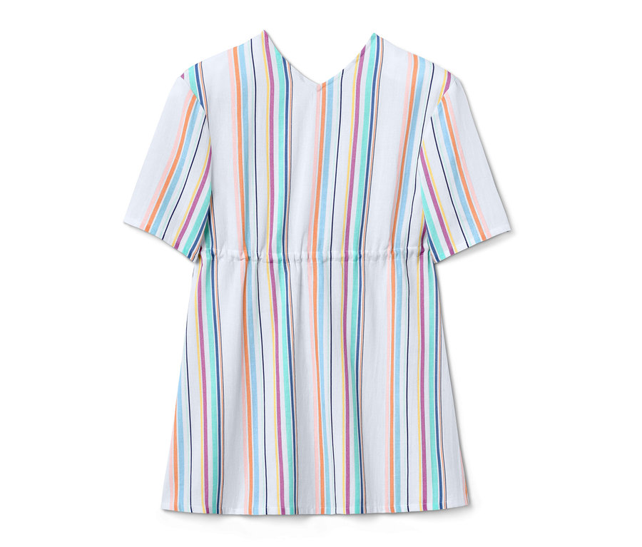 Gestreifter Kaftan aus Bio-Baumwolle mit kurzen Ärmeln und Kordelzug in der Taille.