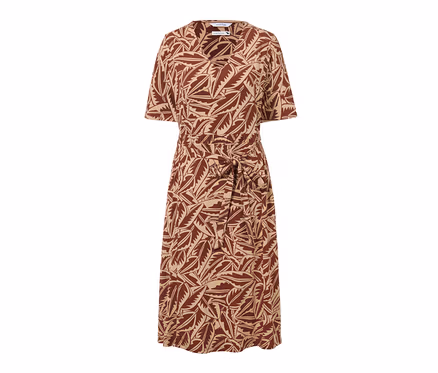 Ein bedrucktes Jerseykleid mit Blättern in Beige und Braun.