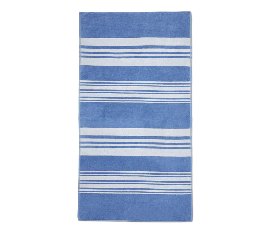 Ein extragroßes, blau-weiß gestreiftes Badetuch.
