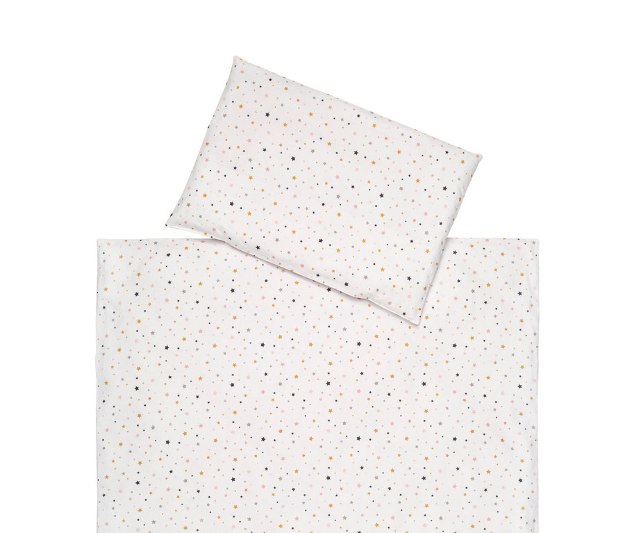 Schardt Bettwäsche »Little Stars Gold« und Schardt Bett-Set »Little Stars Gold«, 4-teilig, beide mit kleinem Sternmuster auf weißem Grund.