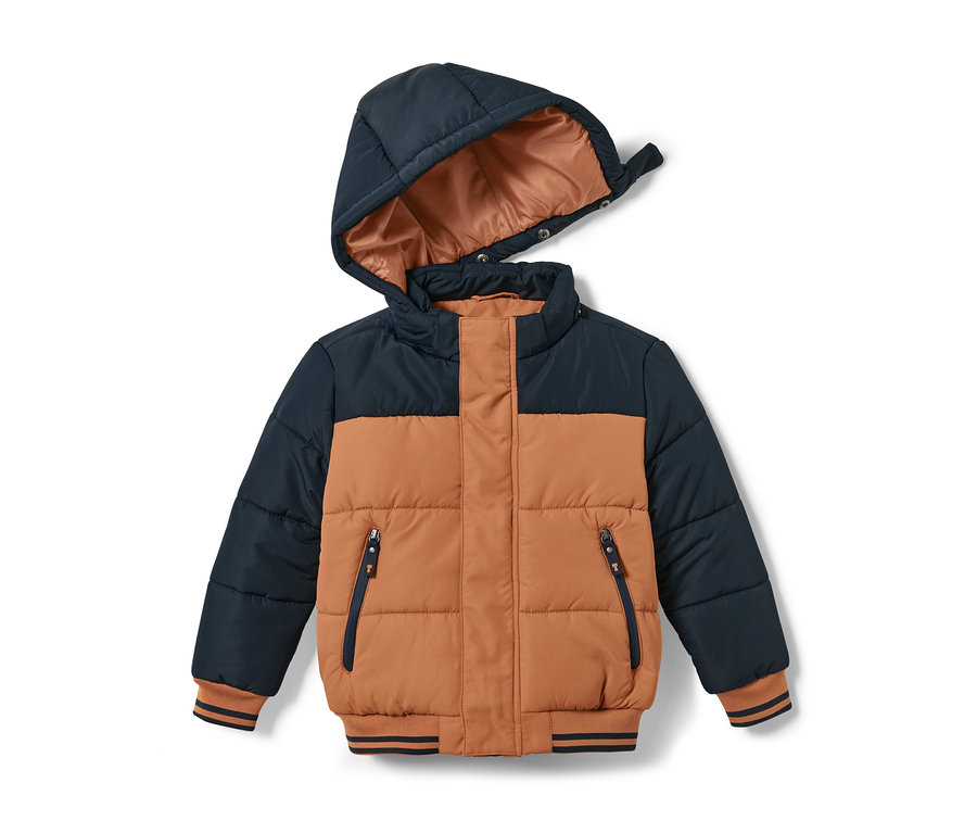 Eine braun-marineblaue Thermojacke mit Kapuze.