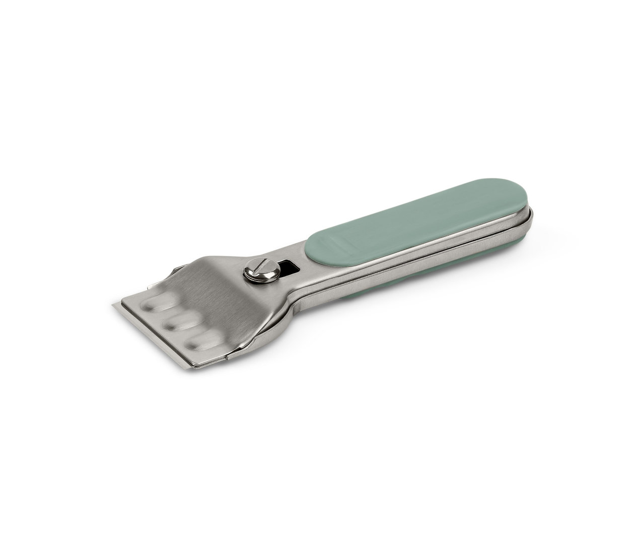 Reinigungsschaber mit silbernem Metallkopf und hellgrünem Griff.