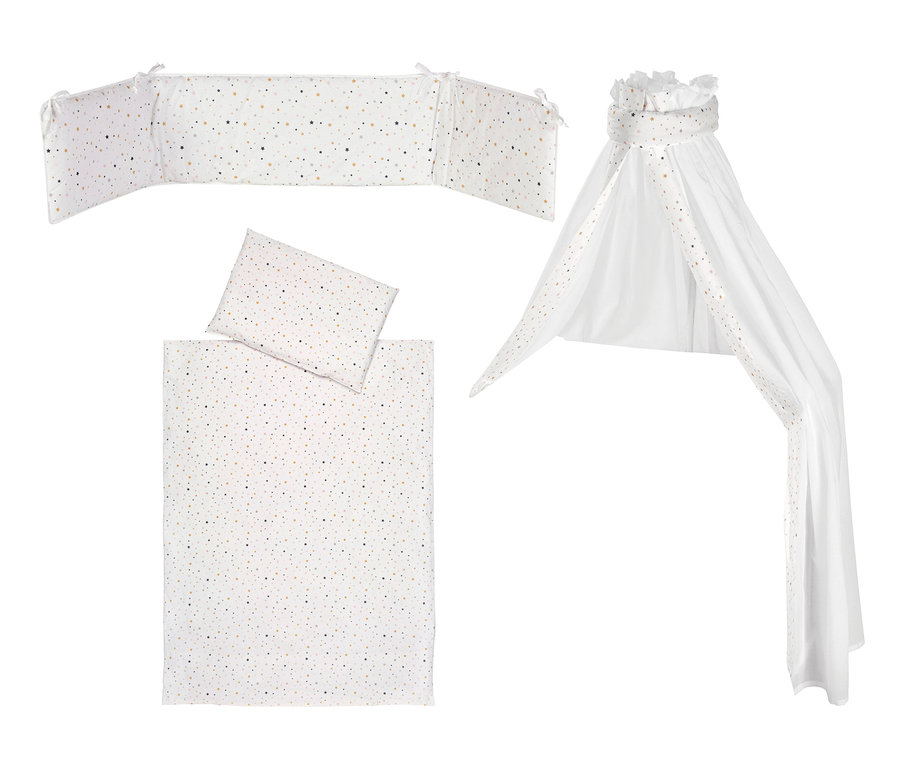 Schardt Bett-Set »Little Stars Gold«, 4-teilig, bestehend aus Himmel, Nestchen, Kissen- und Deckenbezug, alles in Weiß mit goldenen Sternen.