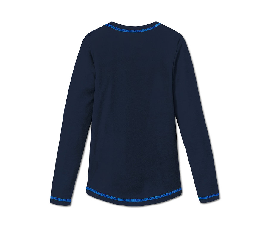 Dunkelblaue Funktionsunterwäsche mit langen Ärmeln und blauen Säumen.
