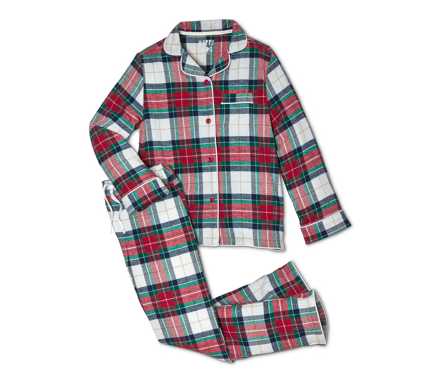 Ein rot, grün und weiß karierter Flanell-Pyjama.
