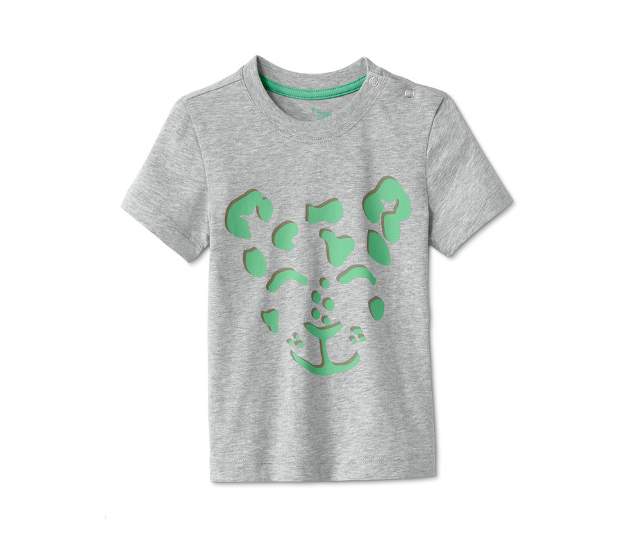 Graues T-Shirt mit Leopardengesicht-Motiv.