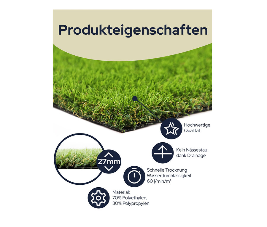 Detailansicht Primaflor Kunstrasen »WOODLAND« mit Beschreibung der Produkteigenschaften.