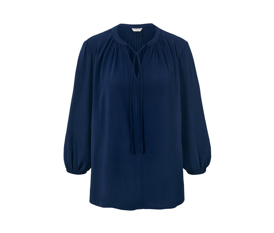Blaue Tunika-Bluse mit langen Ärmeln.