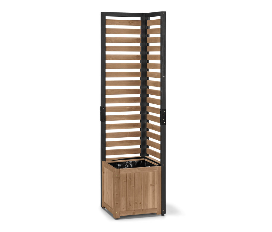 Ein »Elin« Sichtschutz-Pflanzkasten-Modul mit Holzlamellen und schwarzem Rahmen.