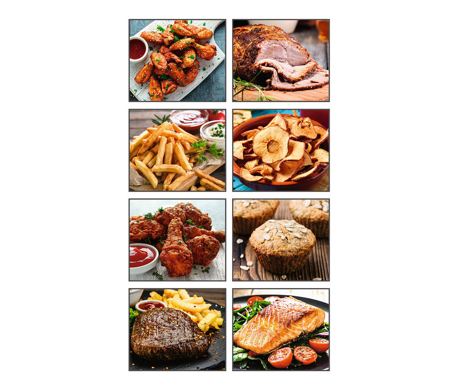 Collage aus acht Fotos mit verschiedenen Lebensmitteln, darunter Chicken Wings, Braten, Pommes Frites, getrocknete Äpfel, Brathähnchen, Muffins, Steak und Lachs.