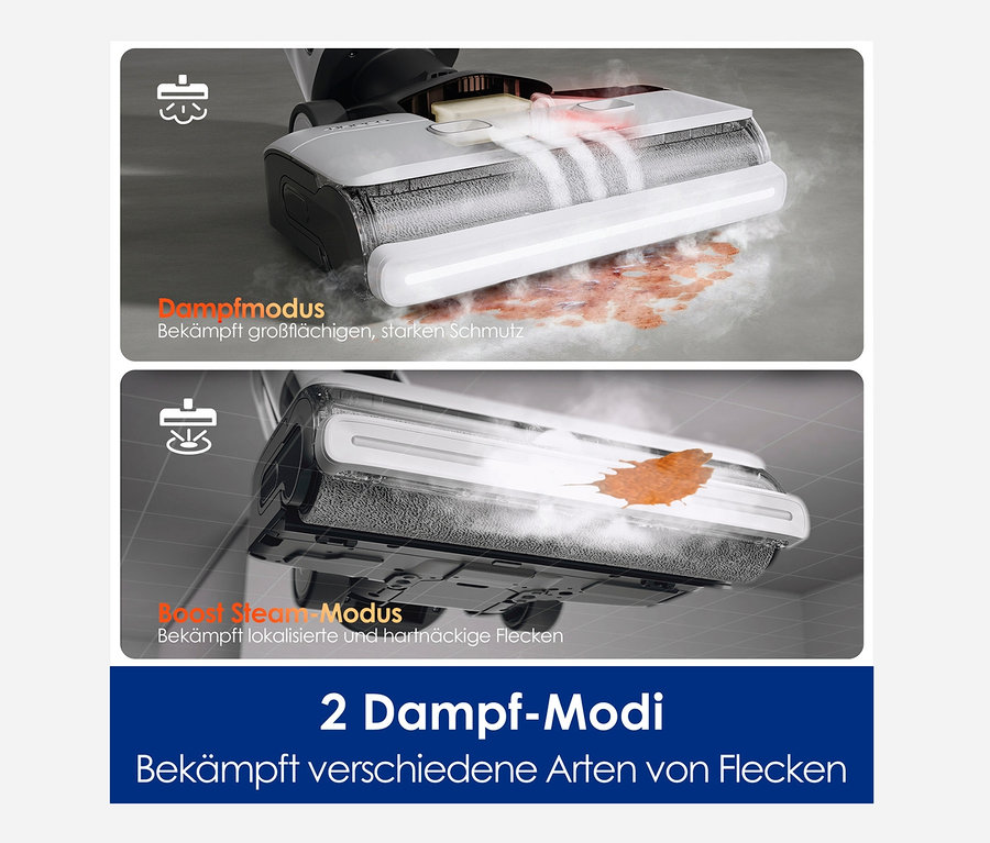 Illustration von zwei Dampfmodi des Tineco Floor One S7 Steam Plus in Aktion.