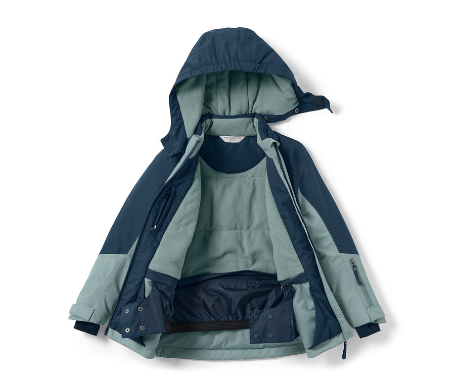 Geöffnete Kinder-Outdoor-und-Snowboardjacke in Blau und Hellblau mit Kapuze.