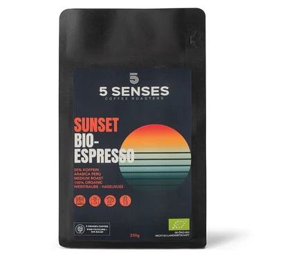 Eine 250g Packung 5 Senses - Sunset Bio-Espresso koffeinreduziert - Ganze Bohne.