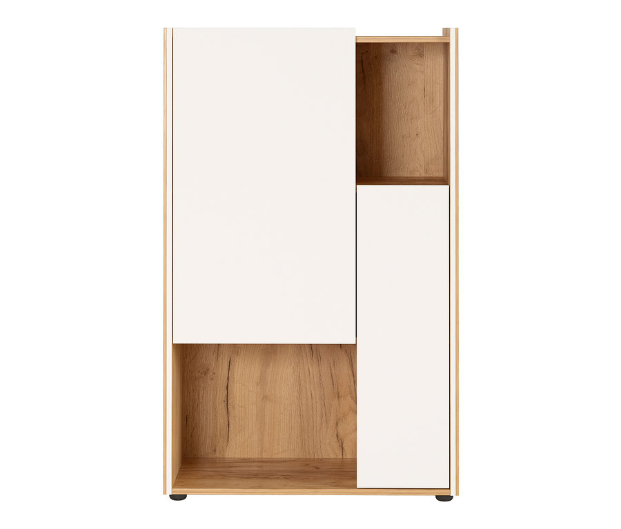 Ein weißes und hölzernes Regal, ein Aktenschrank »Indianapolis«.