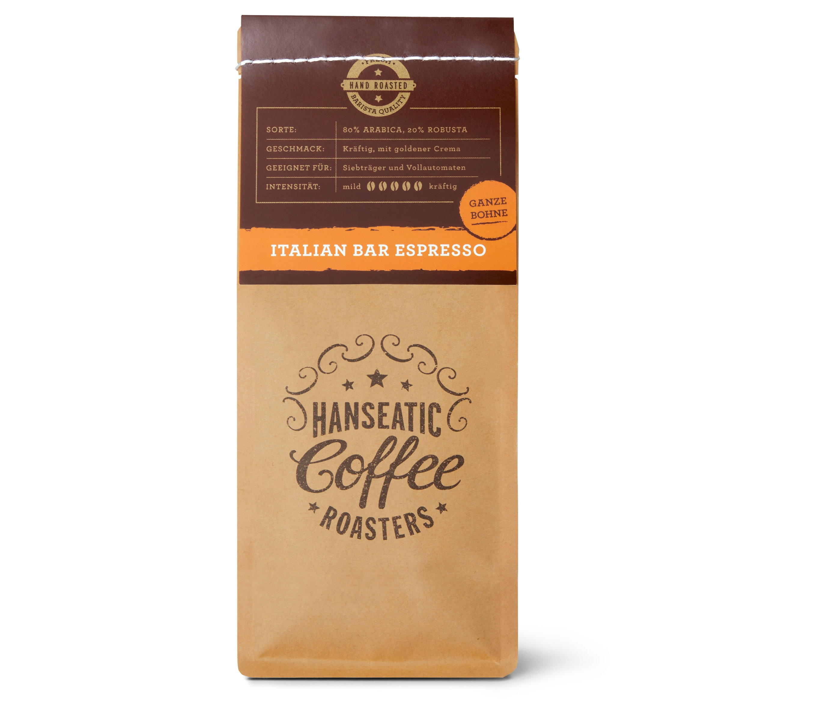 Eine Packung Hanseatic - Italian Bar Espresso - 250 g Ganze Bohne.