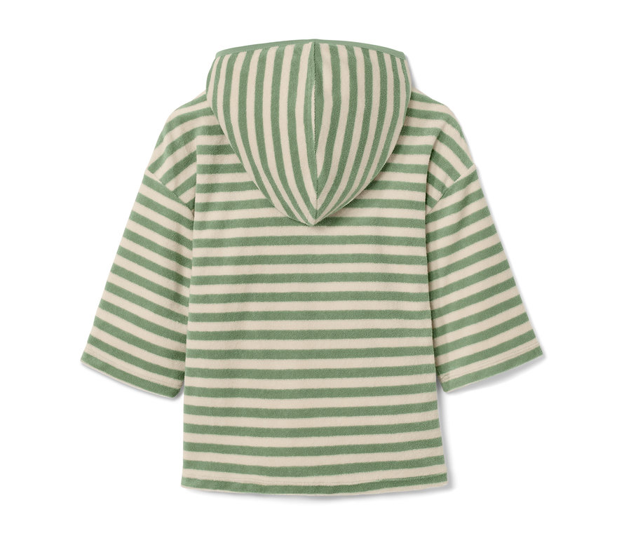 Rückansicht eines Kinder-Frottier-Shirts mit grün-weißen Streifen und Kapuze.