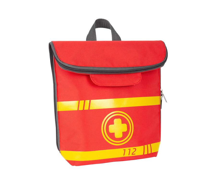 Roter small foot Notarzt-Rucksack mit gelbem Kreuz und der Nummer 112.