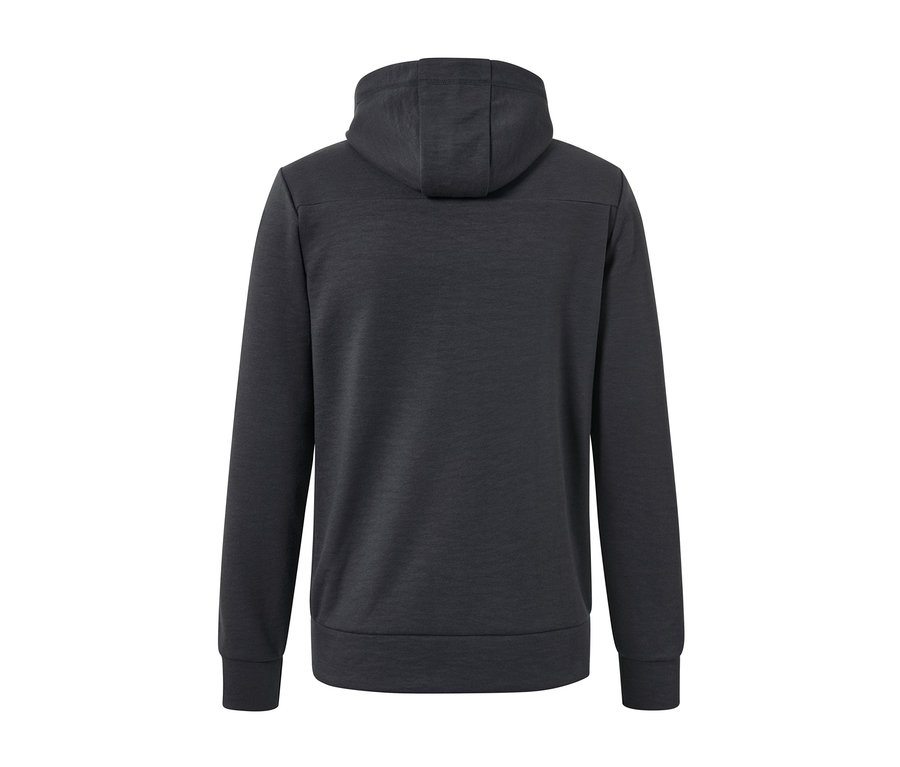 Rückansicht einer Funktions-Sweatjacke mit Kapuze.