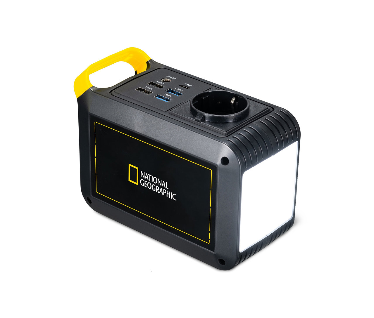 Eine schwarzgraue NATIONAL GEOGRAPHIC Mobile Power Station mit USB, AC und DC Anschlüssen und gelbem Griff.