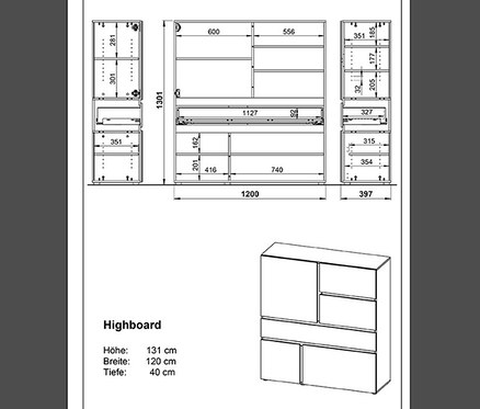 Technische Zeichnung und Illustration des Highboards »Ideeus«.