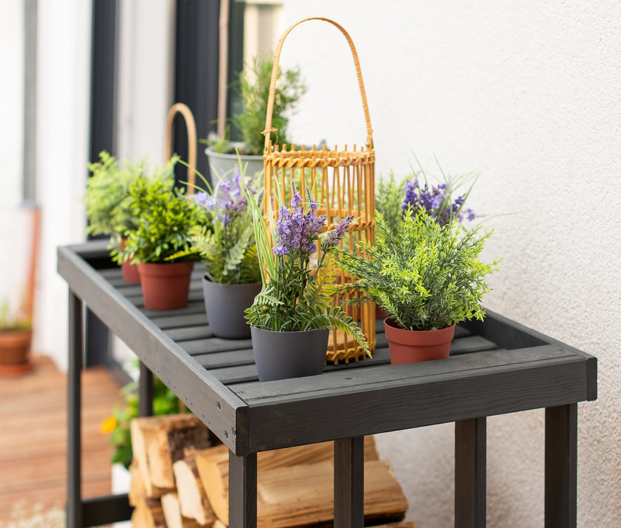 Schwarzes Kaminholzregal »Harald« mit Topfpflanzen und dekorativer Laterne.