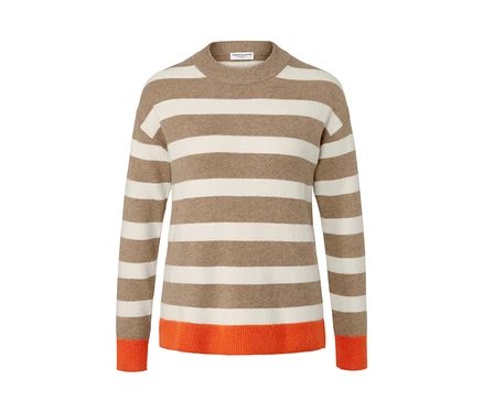 Gestreifter Strickpullover mit orangefarbenem Saum.