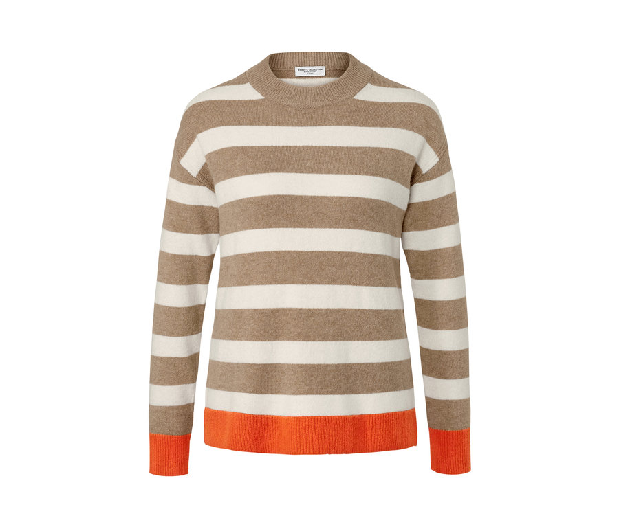 Gestreifter Strickpullover mit orangefarbenem Saum.