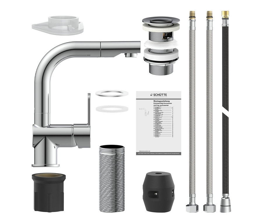 Eine SCHÜTTE Waschtischarmatur »London« und Montageteile auf weißem Hintergrund.