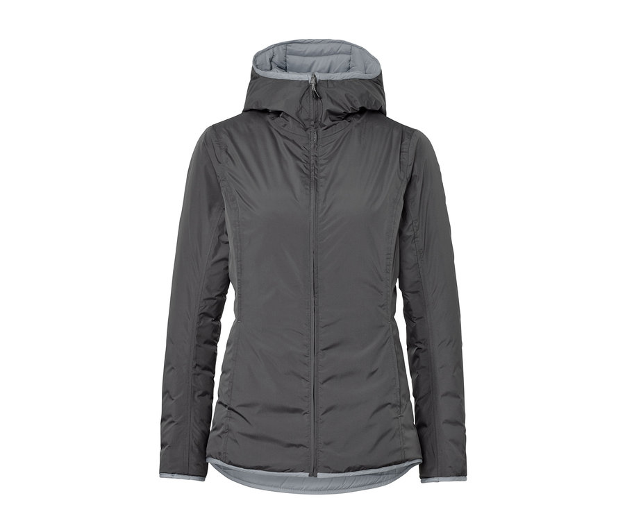Graue, wasserdichte Wende-Steppjacke mit Kapuze.