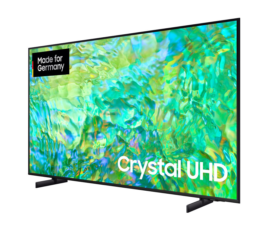Nahaufnahme eines Samsung 4K Crystal UHD Fernsehers »GU43CU8079UXZG« mit abstrakten Grafiken auf dem Bildschirm.