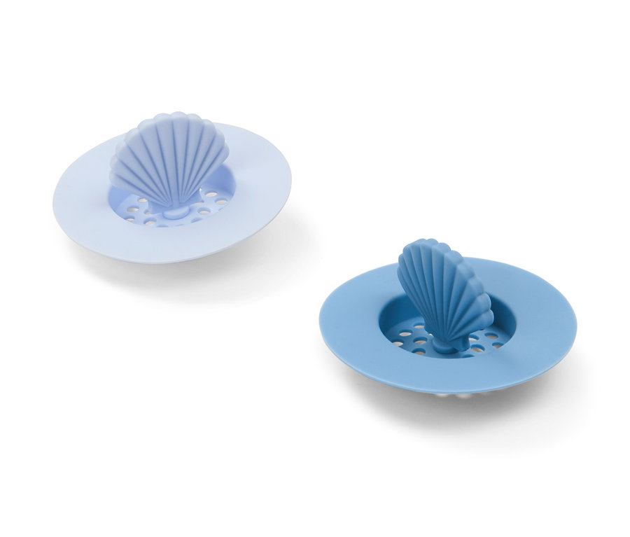 Zwei blaue Abflusssiebe aus Silikon.