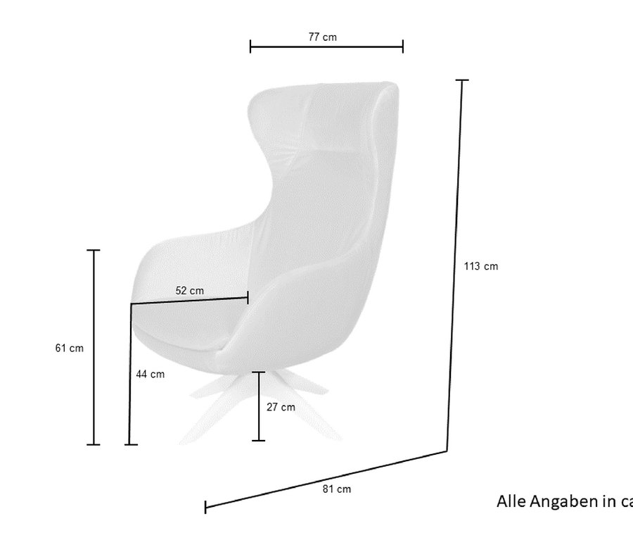 Abmessungen des Sessels »Mia« in Zentimetern dargestellt.