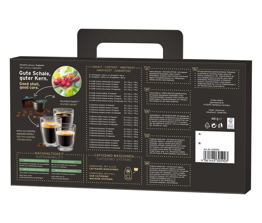 Packung mit 60 Cafissimo Favourite Collection Kapseln gemahlener Röstkaffee, unter Schutzatmosphäre verpackt.