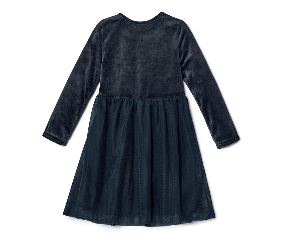 Ein dunkelblaues Kinder-Tüllkleid mit langen Ärmeln liegt auf einem weißen Hintergrund.